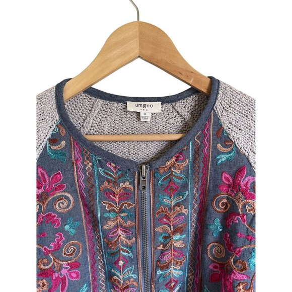 UMGEE Size Medium Knit Full Zip Cardigan Sweater Jacket Embroidered Floral Boho - Picture 3 of 6